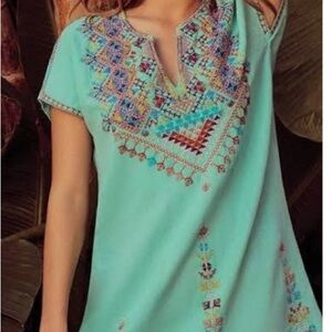 Johnny Was Turquoise Lonen Embroidered Split-Neck Tunic